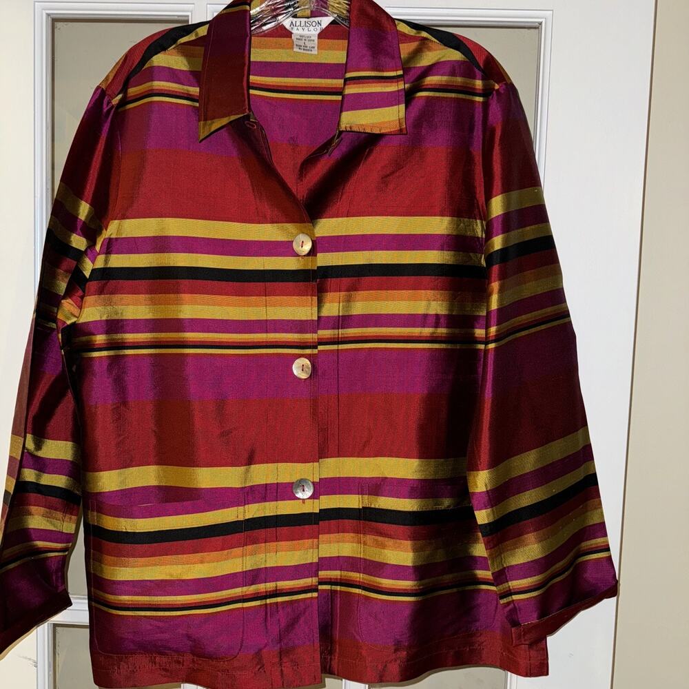 Allison Taylor Women’s Size Large Silk Button Down Shirt Pink orange green